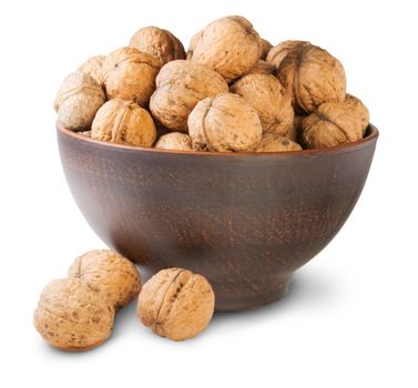 Walnuts In A Clay Bowl Isolated On White Background