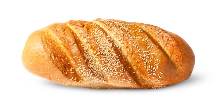 White long loaf with sesame seeds isolated on white background