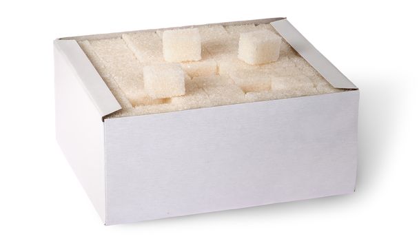 White sugar cubes in a box top view isolated on white background