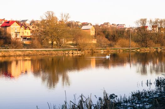 spring landscape outside the city on the lake of the awakening of nature