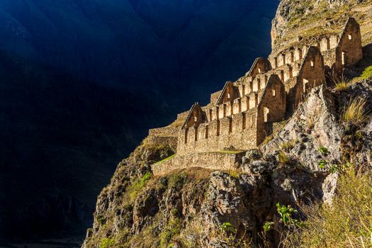 Pinkuylluna, ruins of ancient Inca storehouses located on mountains, Sacred Valley, Ollantaytambo, Peru