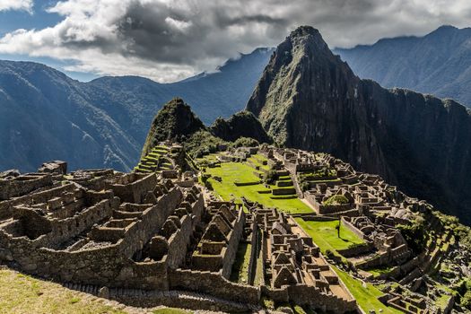 Panoramic view from the top to old Inca ruins and Wayna Picchu, Machu Picchu, Urubamba provnce, Peru