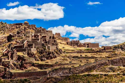 Ruins of ancient citadel of Inkas on the mountain, Pisac, Peru