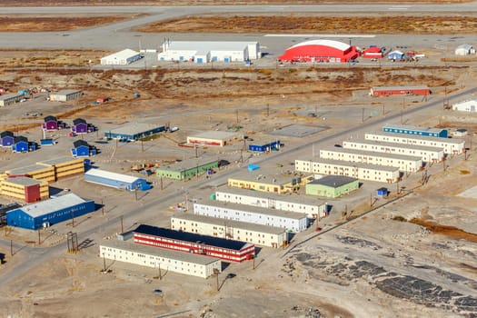 Aerial view on the living blocks and runway of Kangerlussuaq airport, Greenland