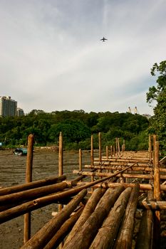 airplane with trees and wooden bridge