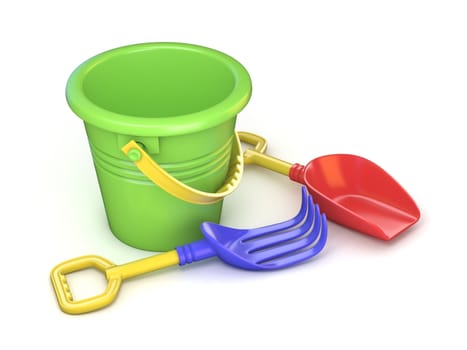 Toy bucket, rake and spade. 3D render illustration isolated on white background