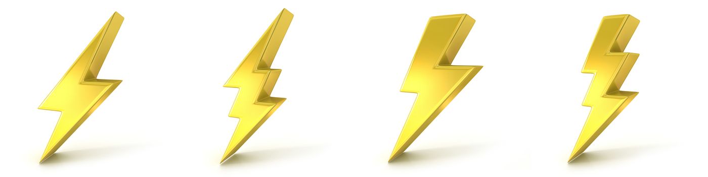 Lightning symbols, 3D golden signs. Render illustration isolated on white background