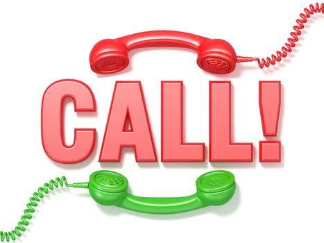 Call sign. Retro red and green phone receivers. 3D render illustration isolated on white background
