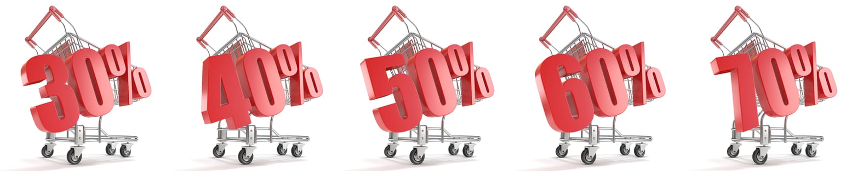 30%, 40%, 50%, 60%, 70% percent discount in front of shopping cart. Sale concept. 3D render illustration isolated on white background