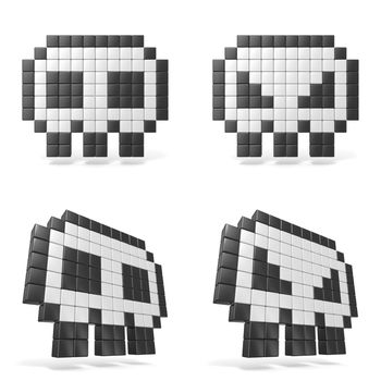 Pixelated 8bit skull icon. Front view. 3D render illustration isolated on white background