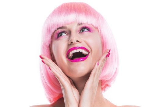 Portrait of girl with glamour make-up and pink hair isolated on white background