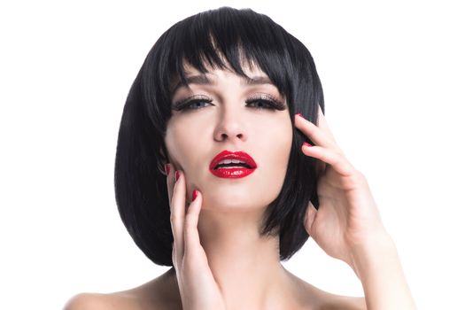 Sensual glamour portrait of beautiful woman model lady with evening makeup with red lips isolated on white background