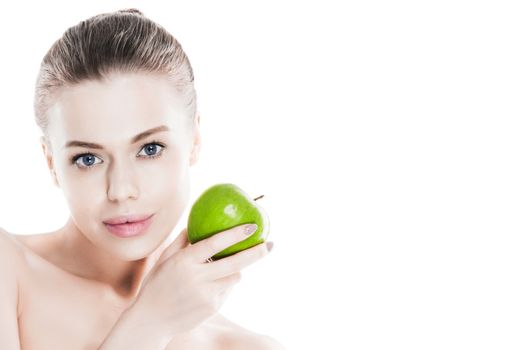 Beautiful young nude woman with green apple close up isolated on white background