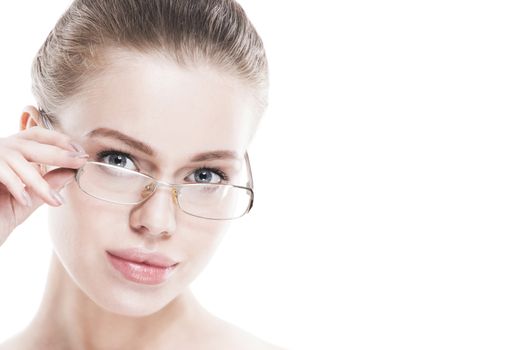 Portrait of young perfect woman in glasses isolated on white background