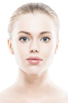 Portrait of young woman with perfect skin and big lips isolated on white background