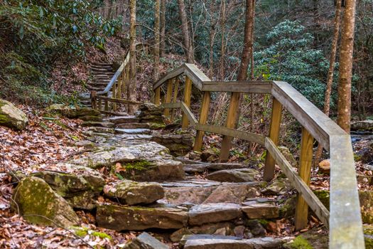 A stone walking path winds alongside Colt Creek near Saluda, North Carolina.