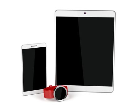 Tablet computer, smartphone and smartwatch on white background 