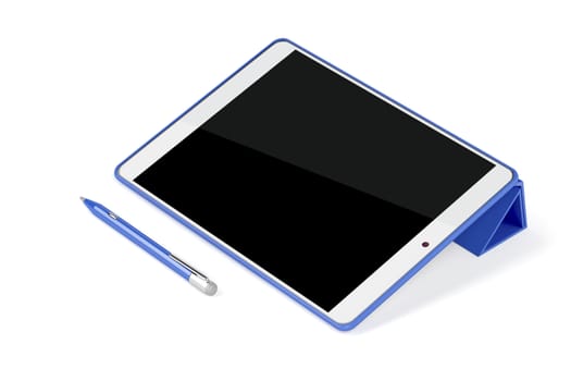 Tablet on stand and digital pen on white background 