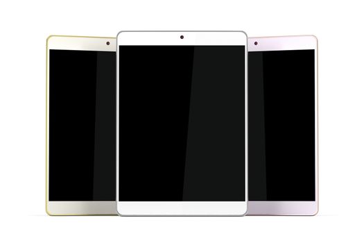 Three tablet computers with different colors on white background 