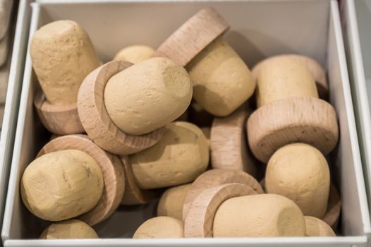 Close up many wine corks in a box for sale