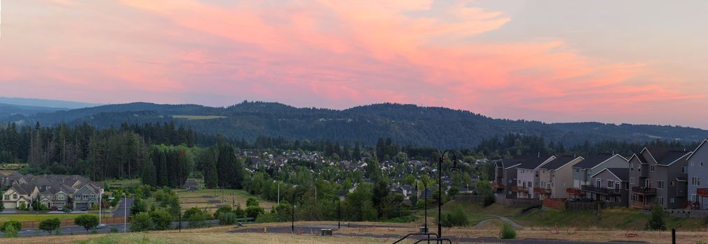 Subdivisions of homes development in Happy Valley Oregon in sunset scenic view panorama