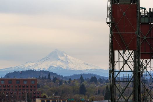 Mount Hood view by Hawthorne Bridge in downtown Portland Oregon Closeup