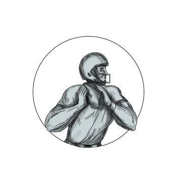 Tattoo style illustration of an american football gridiron quarterback qb player throwing football viewed from the side set inside circle on isolated background.