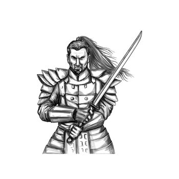 Tattoo style illustration of a Samurai warrior holding katana sword in a sword fight stance viewed from front set on isolated white background. 