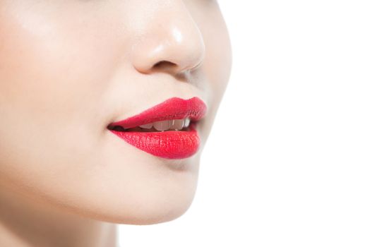 closeup portrait of young woman's lips zone make up