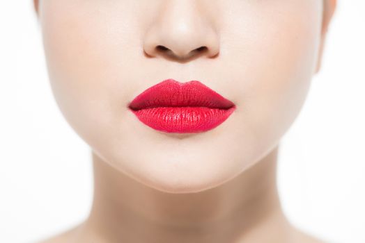 closeup portrait of young woman's lips zone make up