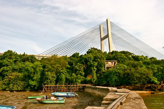 Tsing Ma Bridge with boat in Hong Kong