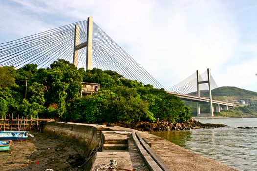 Tsing Ma Bridge with boat in Hong Kong
