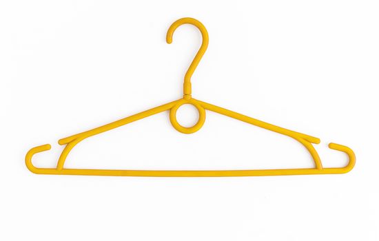 One colored plastic hanger, isolated on white background, close-up.