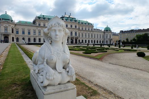 Horizontal view of Sphinx and Upper Belvedere in Vienna in Austria with beautiful garden