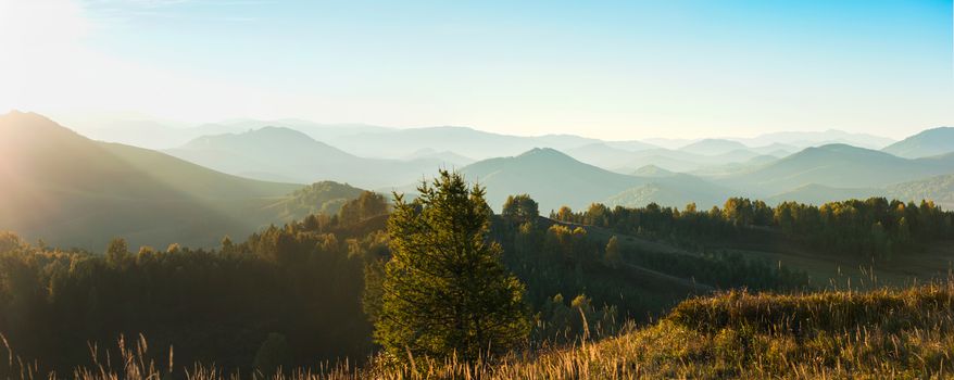 Beauty dawn in the mountains in Altay, panoramic picture