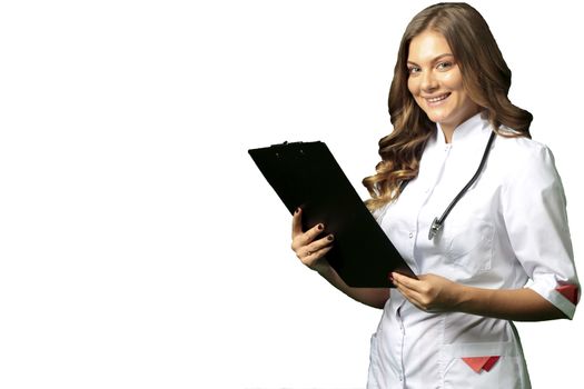 Female doctor in white coat isolated on white background