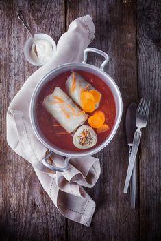 Cabbage rolls filled with minced meat and rice. 