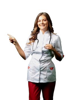 Female doctor in white coat isolated on white background