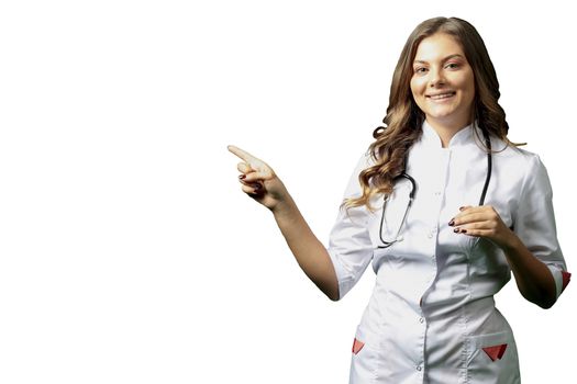 Female doctor in white coat isolated on white background