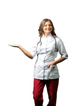 Female doctor in white coat isolated on white background