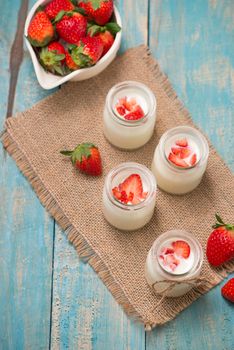 Strawberry Yoghurt. Healthy food with Strawberries and yoghurt breakfast on table.