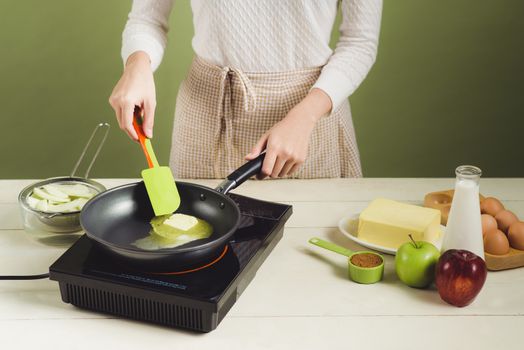 House wife wearing apron making. Steps of making cooking pancake.