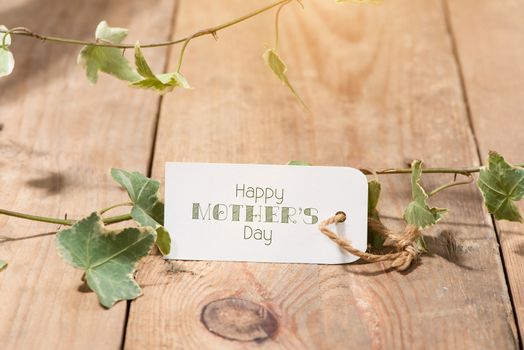 Mothers Day. Tag paper with color flowers on wooden background. Top view. Mock up