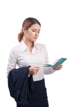 Portrait of asian businesswoman traveling with suitcase and holding passport and ticket.