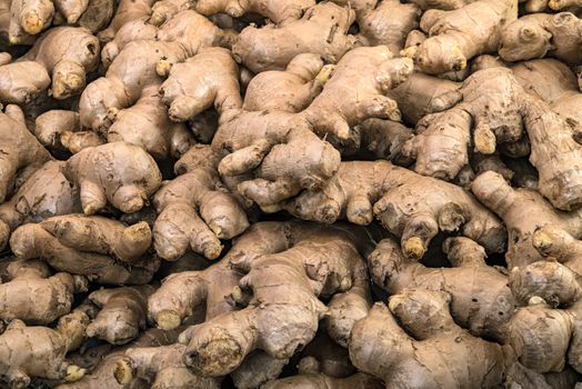 Fresh ginger roots display on sale in the fresh vegetable market