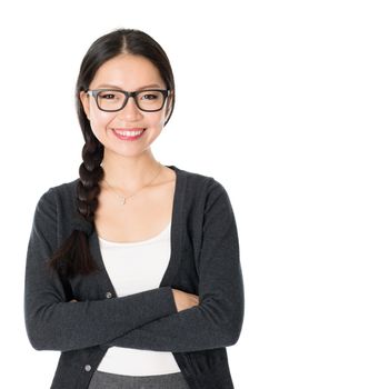 Portrait of young Asian girl with braid hair, arms crossed and smiling, isolated on white background.