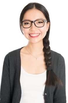 Portrait of young Asian girl with braid hair is smiling, isolated on white background.