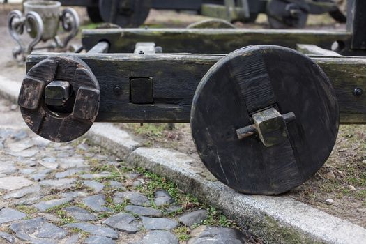 Military wooden props with wheels in the old castle