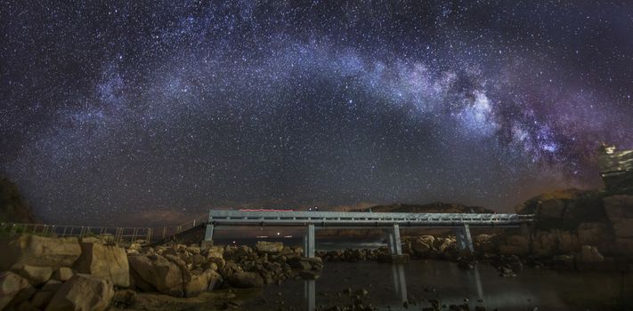 Curved Milky Way over a bridge