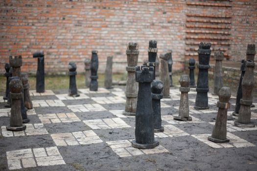 Encient big chess shapes at High old Lubart Castle in Lutsk Ukraine